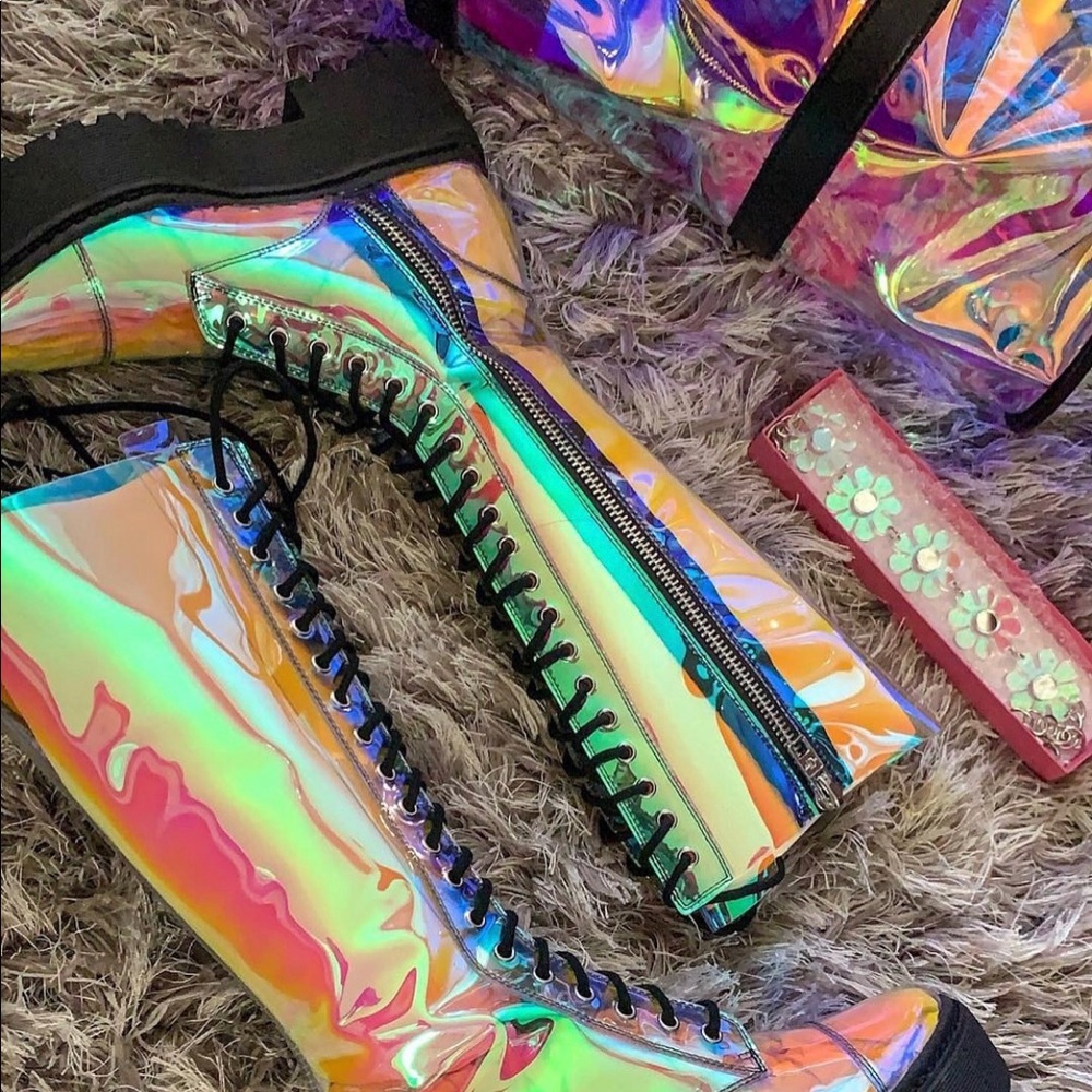 Holographic combat style boots by Current Mood.